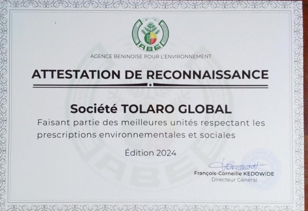 TOLARO GLOBAL SAS distinguée par l'Agence Béninoise de l'Environnement