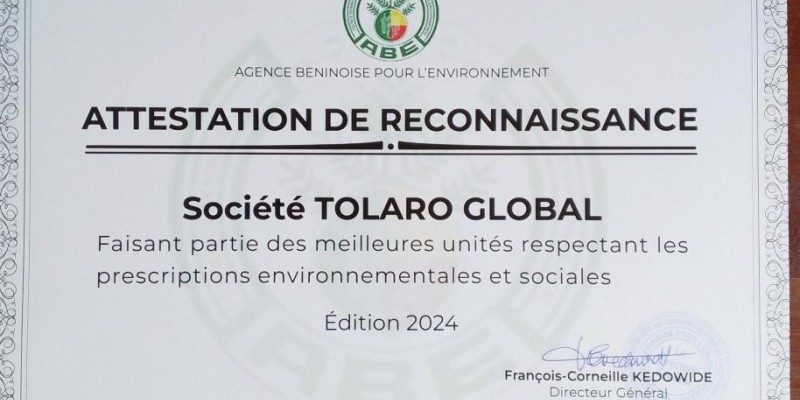 TOLARO GLOBAL SAS distinguée par l'Agence Béninoise de l'Environnement
